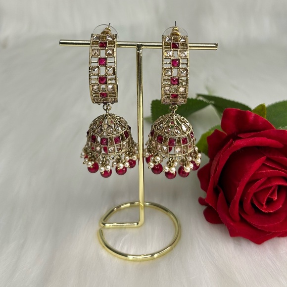Elegant Hot Pink And Gold Jhumka Earrings - Picture 2 of 8